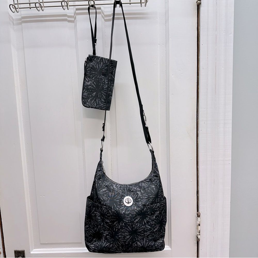 2 piece Baggallini heritage crossbody purse hobo bag wallet black grey floral